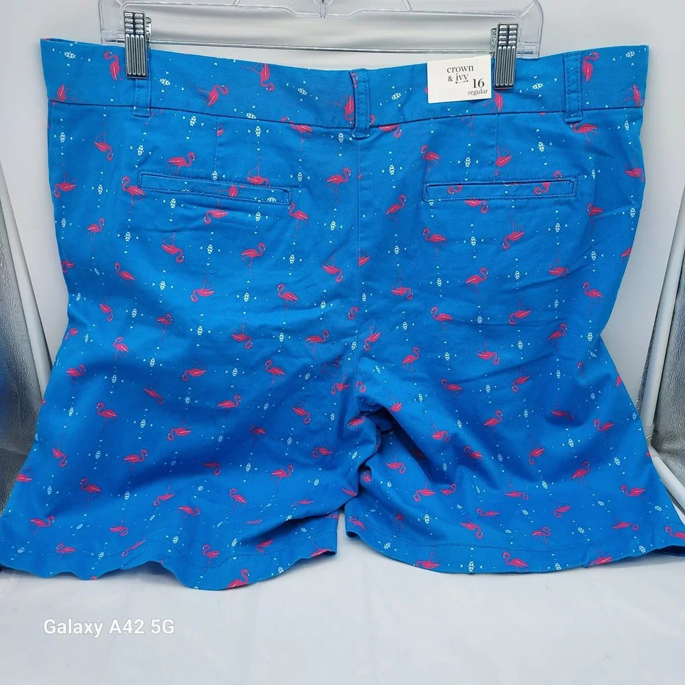 Crown & Ivy Womens Blue Pink Flamingo Print Bermuda Shorts Size 16 NWT - Picture 6 of 6